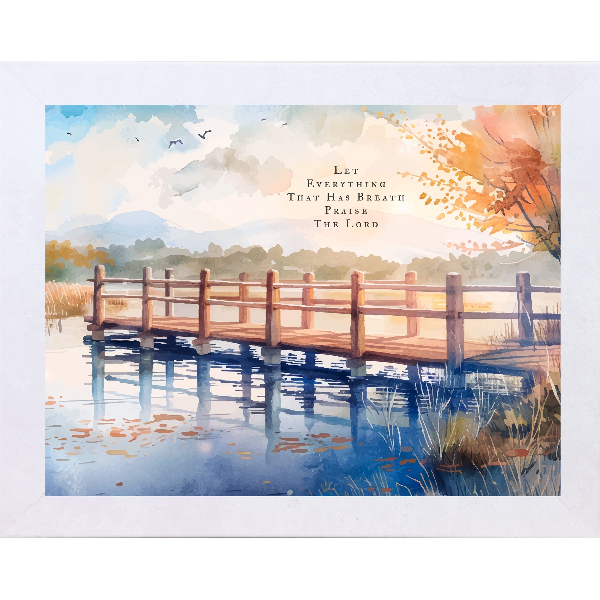 Watercolor painting of a wooden bridge over water with scenic landscape and text overlay.
