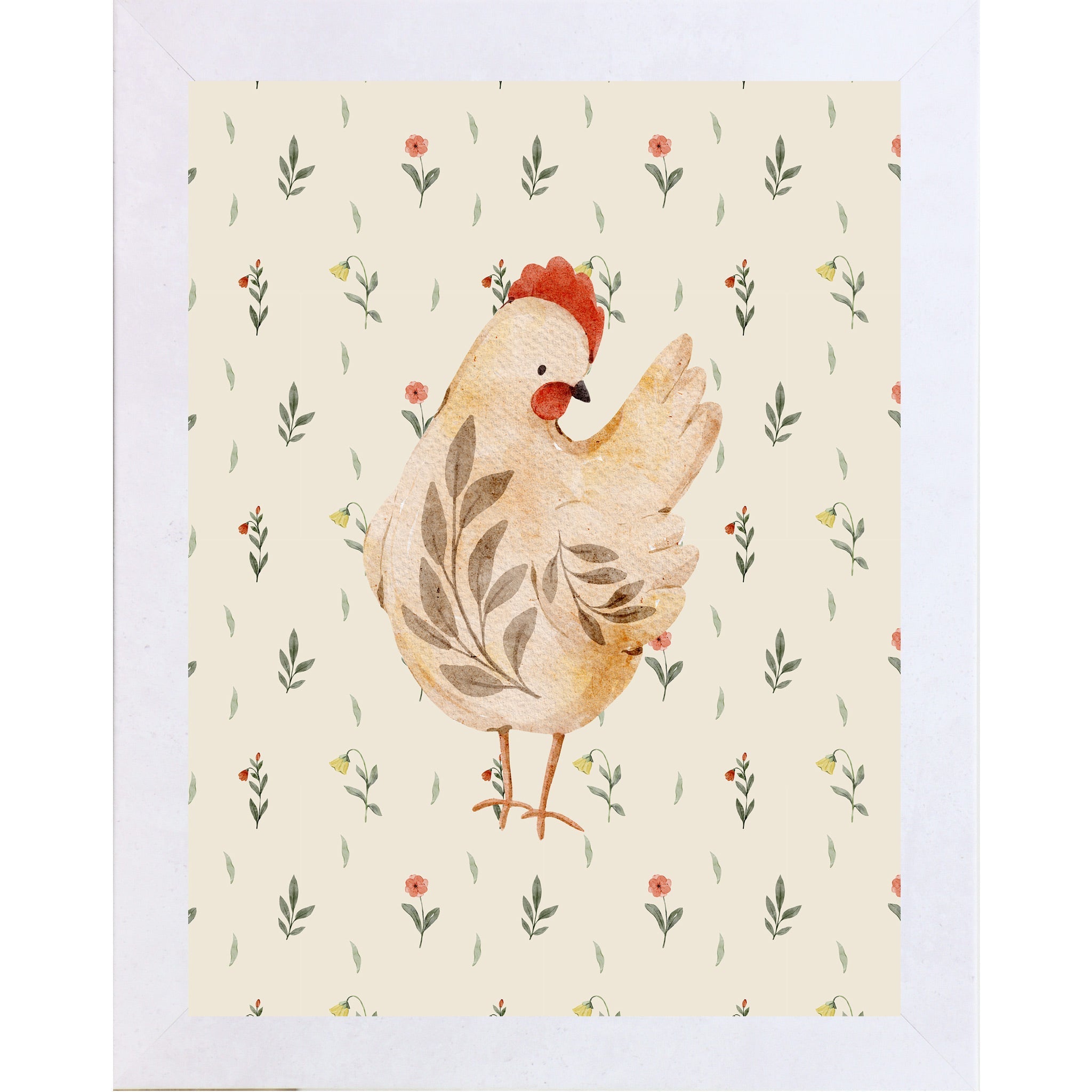 Illustration of a chicken on a floral patterned background