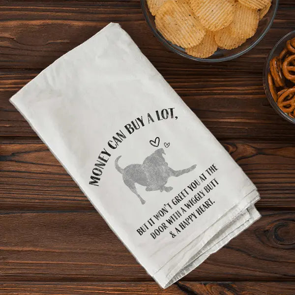 Cozy farmhouse tea towel with dog quote, perfect for cottage-style kitchen decor and thoughtful gifts