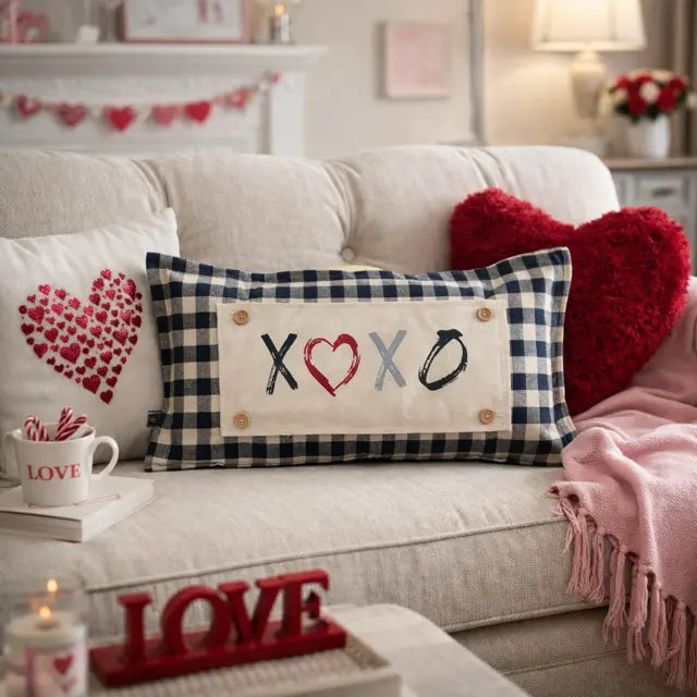 A rectangular decorative throw pillow with a navy and beige gingham border and a cream center panel reading “XOXO” in red, gray, and navy, styled on a light beige sofa with red heart pillows and a pink blanket in a cozy living room setting.