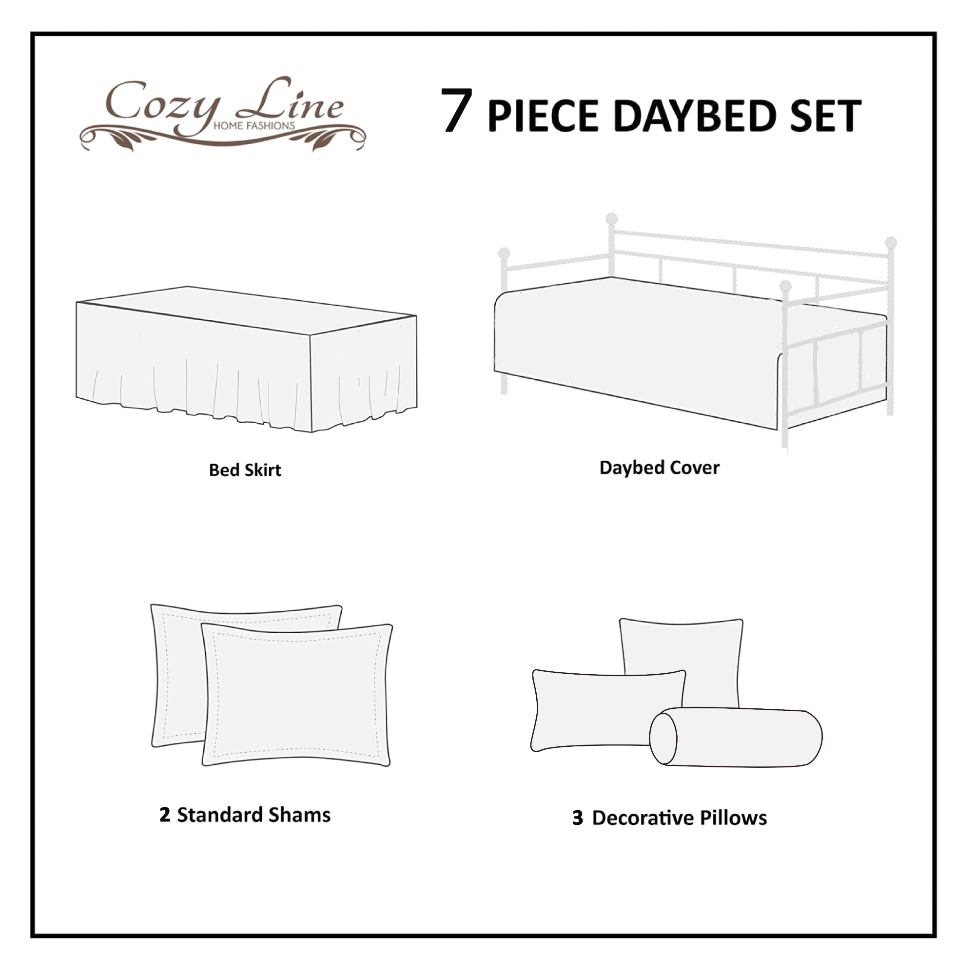 A product diagram for a 7-piece daybed set by Cozy Line Home Furnishings, showing line drawings of a bed skirt, daybed cover, two standard shams, and three decorative pillows with labels on a white background.
