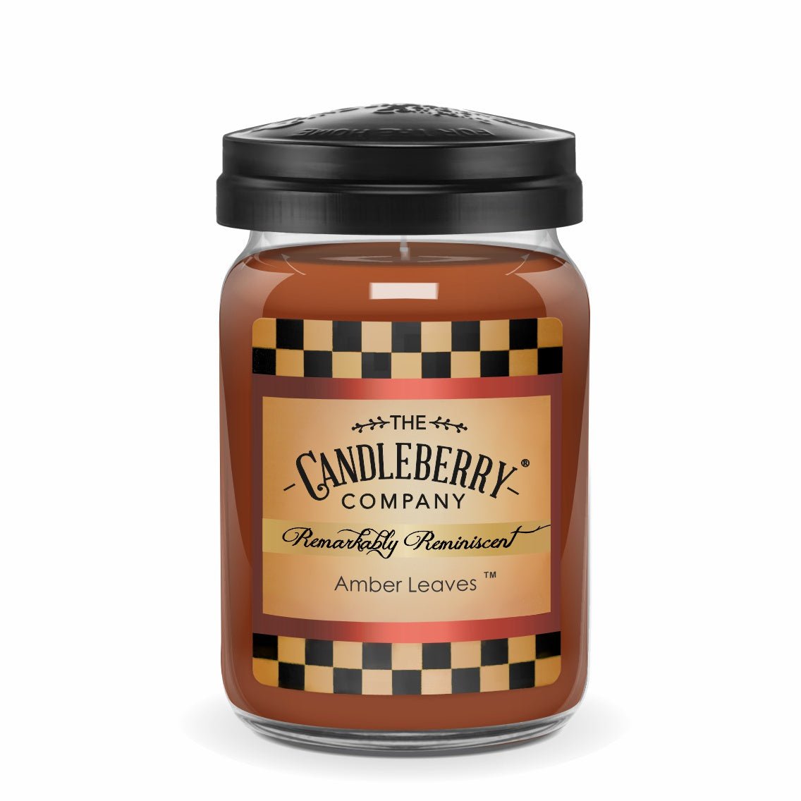 A single candle in a clear glass jar with a black lid and a tan label reading 'The Candleberry Company' and 'Reminiscent Reminiscent Hot Maple Toddie,' shown on a light gray background.
