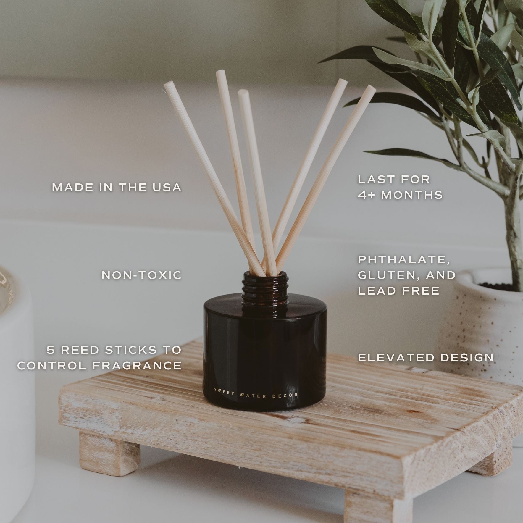 About Farmhouse amber tinted glass reed diffuser with natural rattan reeds and warm pumpkin, apple, cinnamon, caramel, and vanilla fall fragrance.