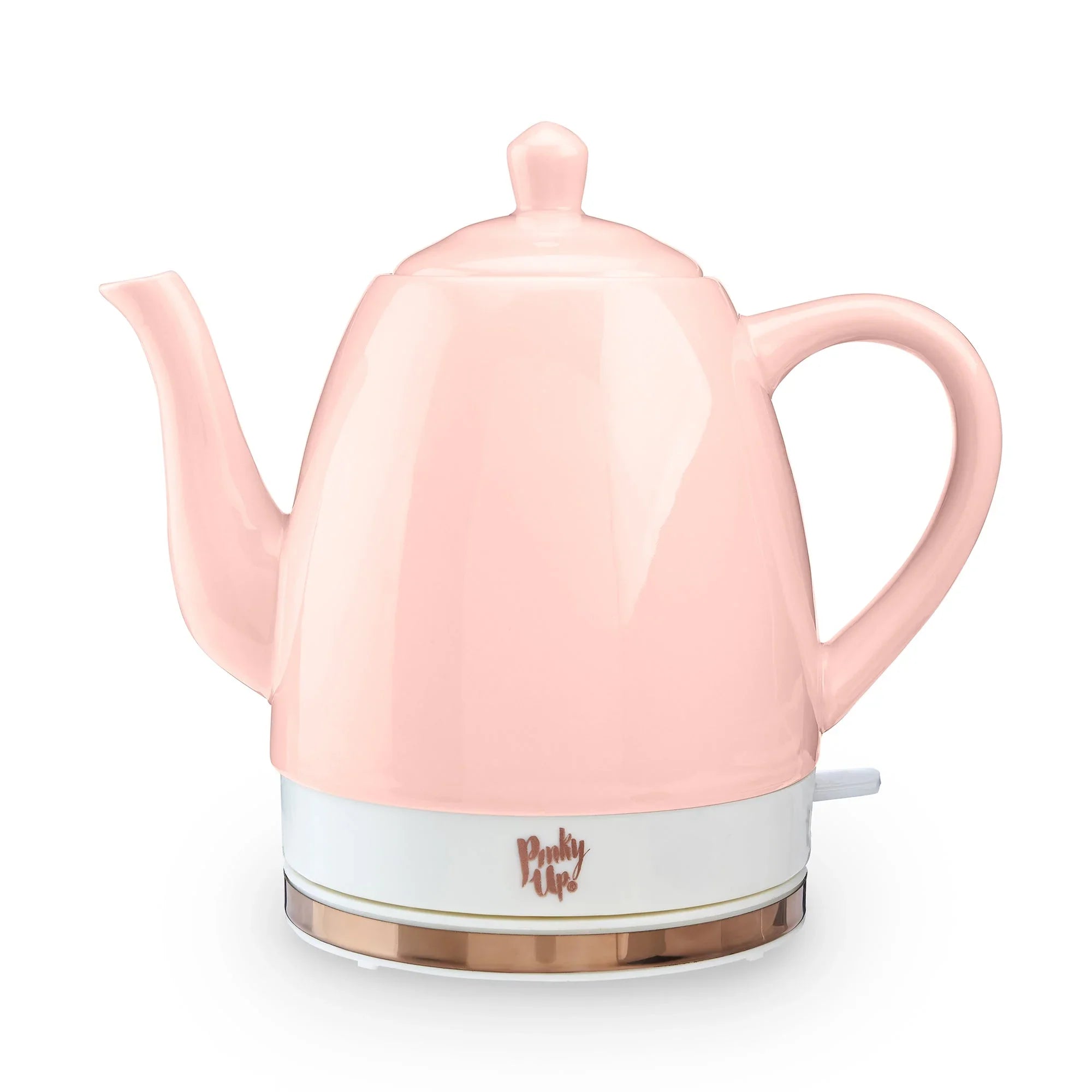 Pink electric kettle with a white base on a white background