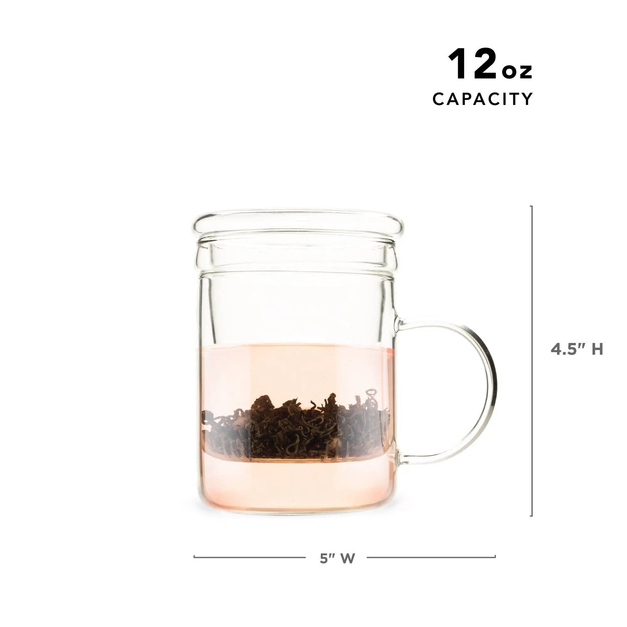 Clear glass mug with tea infuser and dimensions on a white background