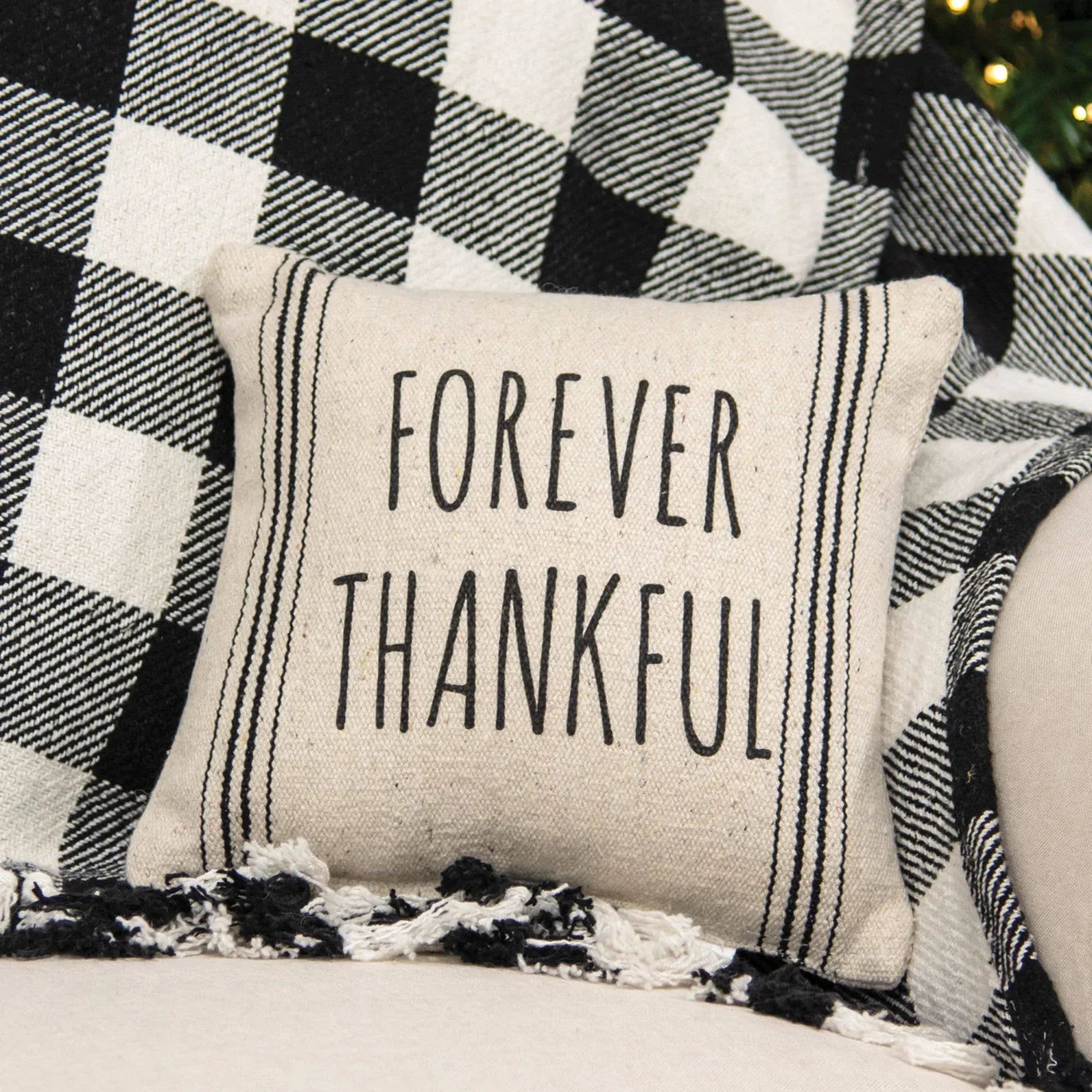 Decorative pillow with 'Forever Thankful' text on a checkered fabric background