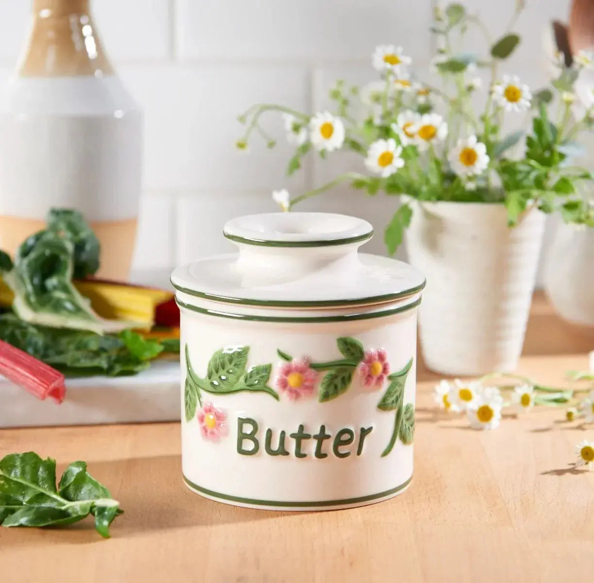 Ceramic butter crock with pink flowers and green leaves, farmhouse kitchen decor