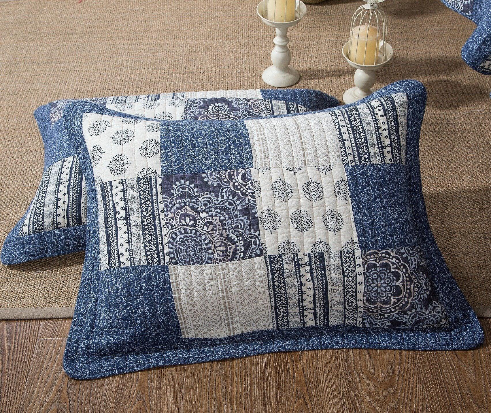 DaDa Bedding Bohemian Denim Blue Elegance Patchwork Cotton Bedspread Set (JHW-660) DaDalogy Bedding Collection