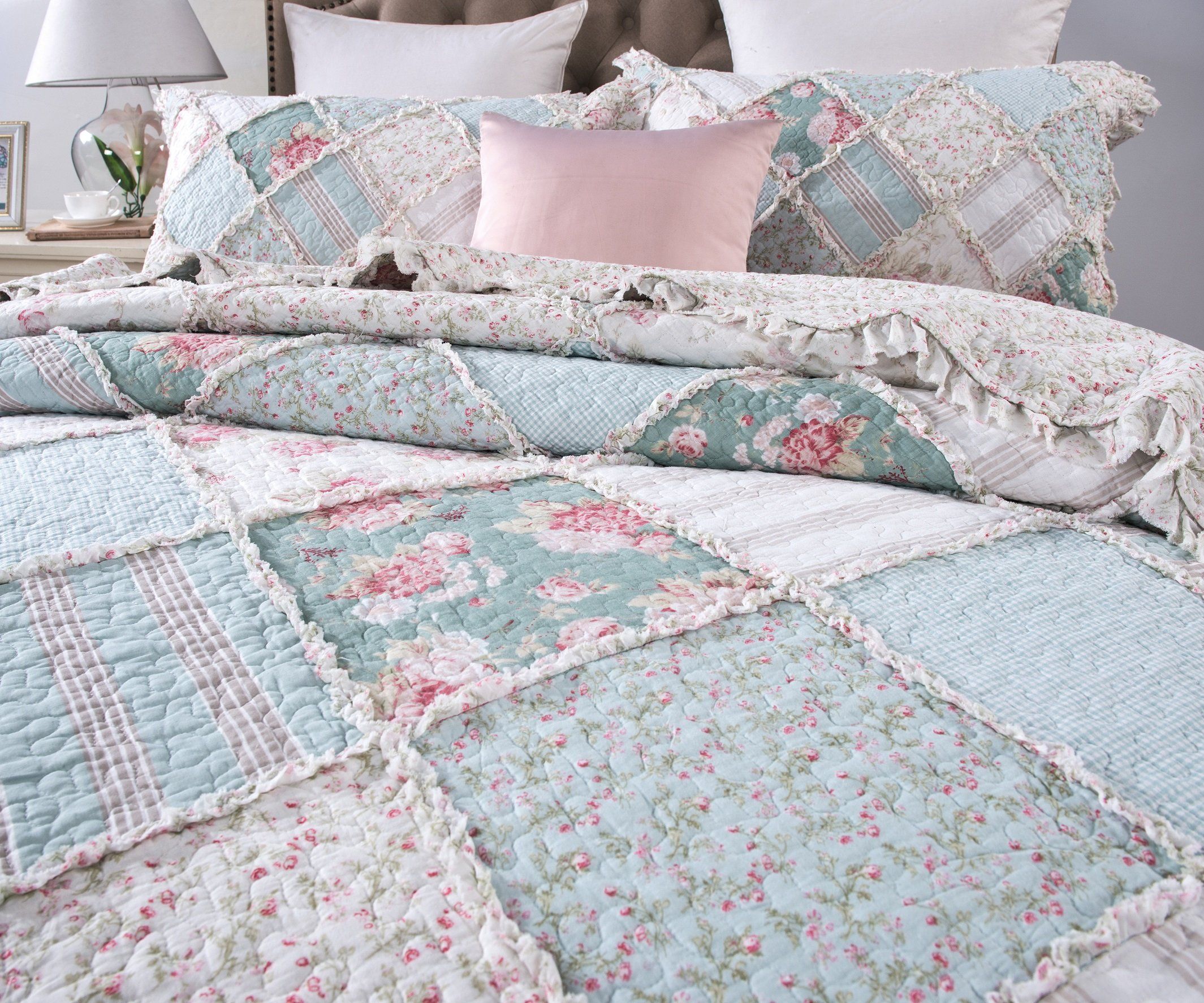 DaDa Bedding Hint of Mint Floral Pastel Cotton Patchwork Ruffle Bedspread Set (JHW-3036) DaDalogy Bedding Collection