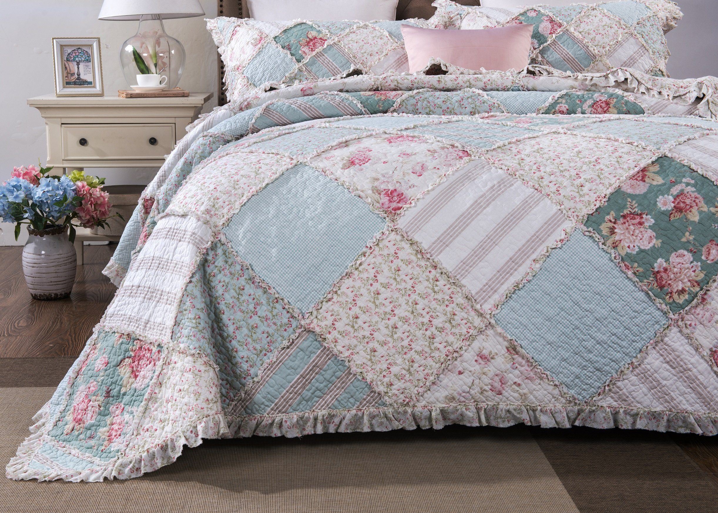 DaDa Bedding Hint of Mint Floral Pastel Cotton Patchwork Ruffle Bedspread Set (JHW-3036) DaDalogy Bedding Collection