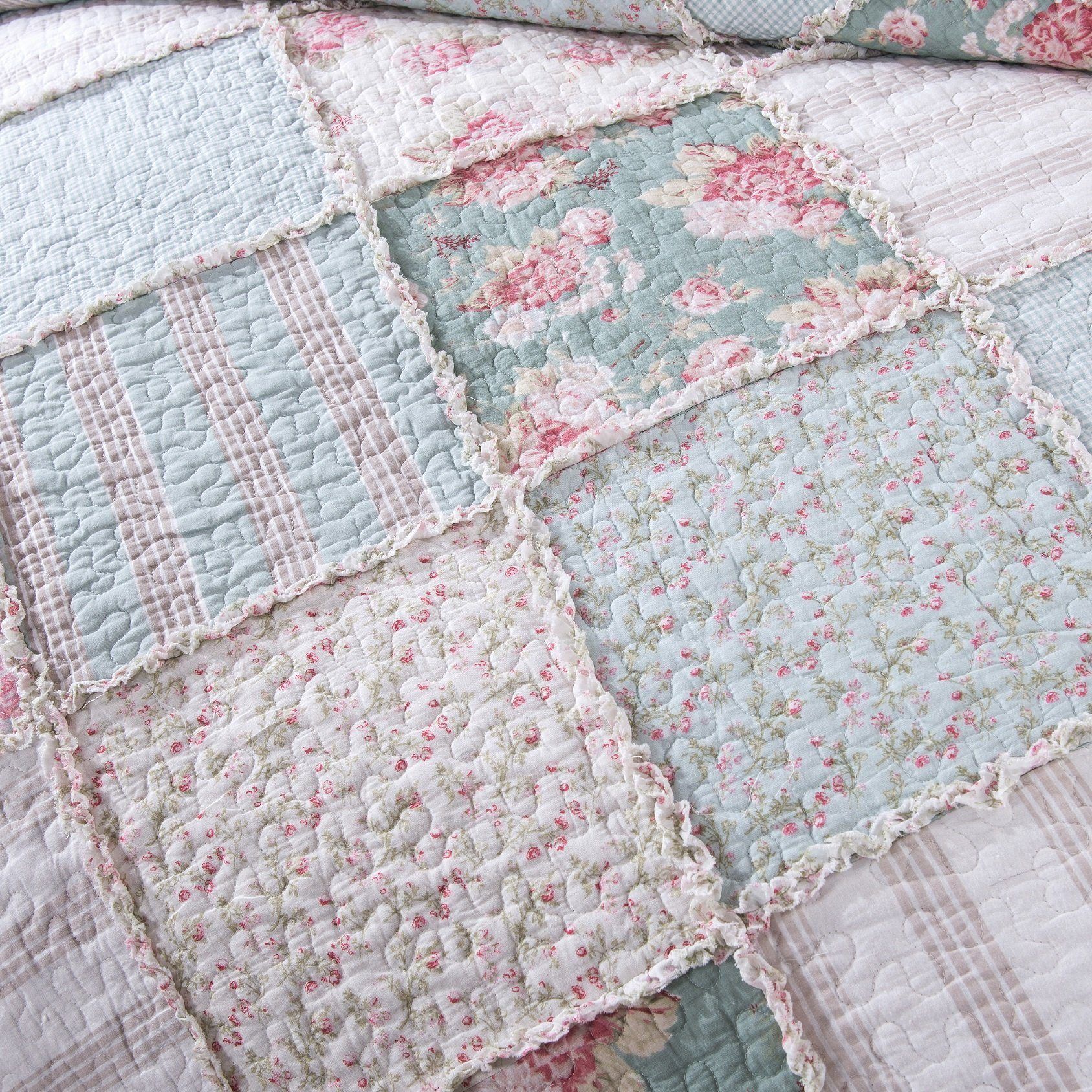 DaDa Bedding Hint of Mint Floral Pastel Cotton Patchwork Ruffle Bedspread Set (JHW-3036) DaDalogy Bedding Collection