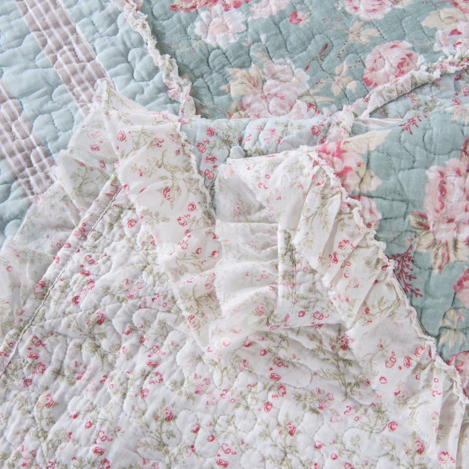 DaDa Bedding Hint of Mint Floral Pastel Cotton Patchwork Ruffle Bedspread Set (JHW-3036) DaDalogy Bedding Collection