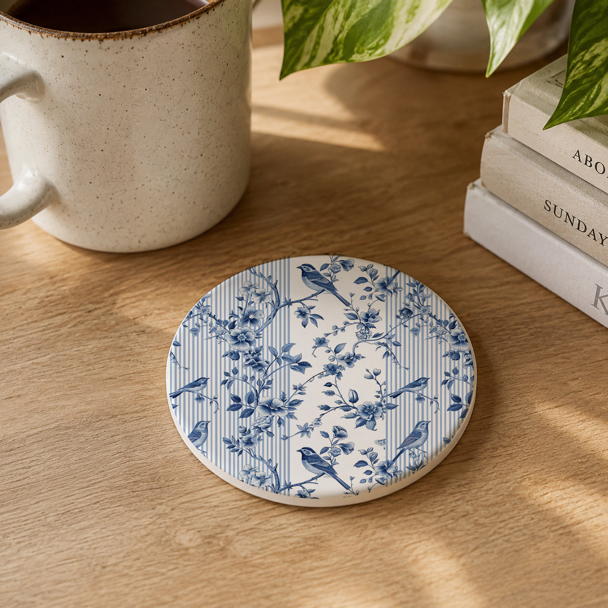 Coaster with blue floral pattern on a wooden surface with a mug and books in the background