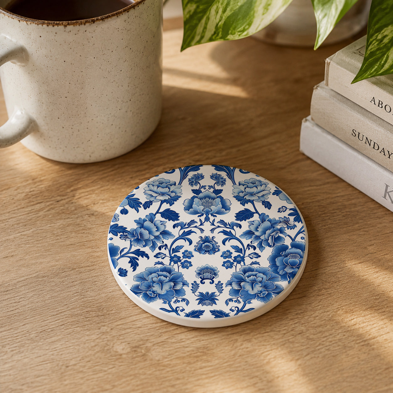 Floral patterned coaster on a wooden surface with a mug and books in the background