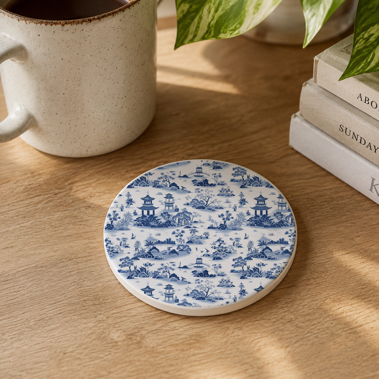 Coaster with blue and white pattern on a wooden surface with a mug and books in the background