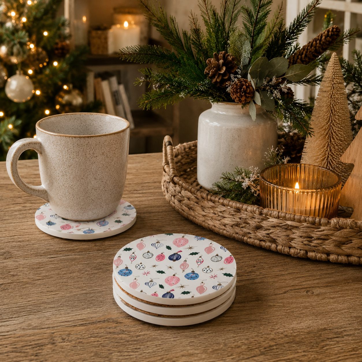 A set of ceramic coasters with a white background and a colorful pattern of small illustrated characters, shown on a wooden table in a cozy holiday setting with a mug and decorative tray.