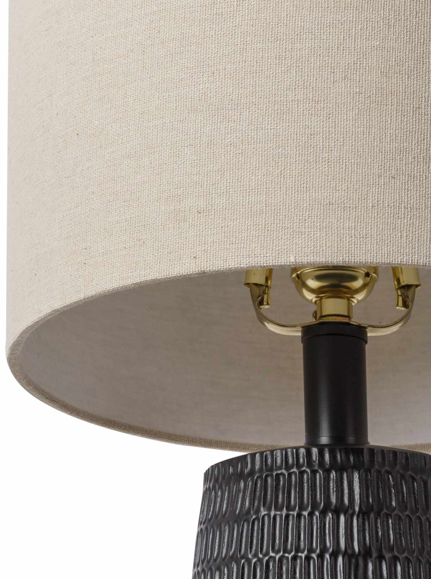 Berehomet black resin table lamp with white and beige linen shade for farmhouse and cottage home décor.