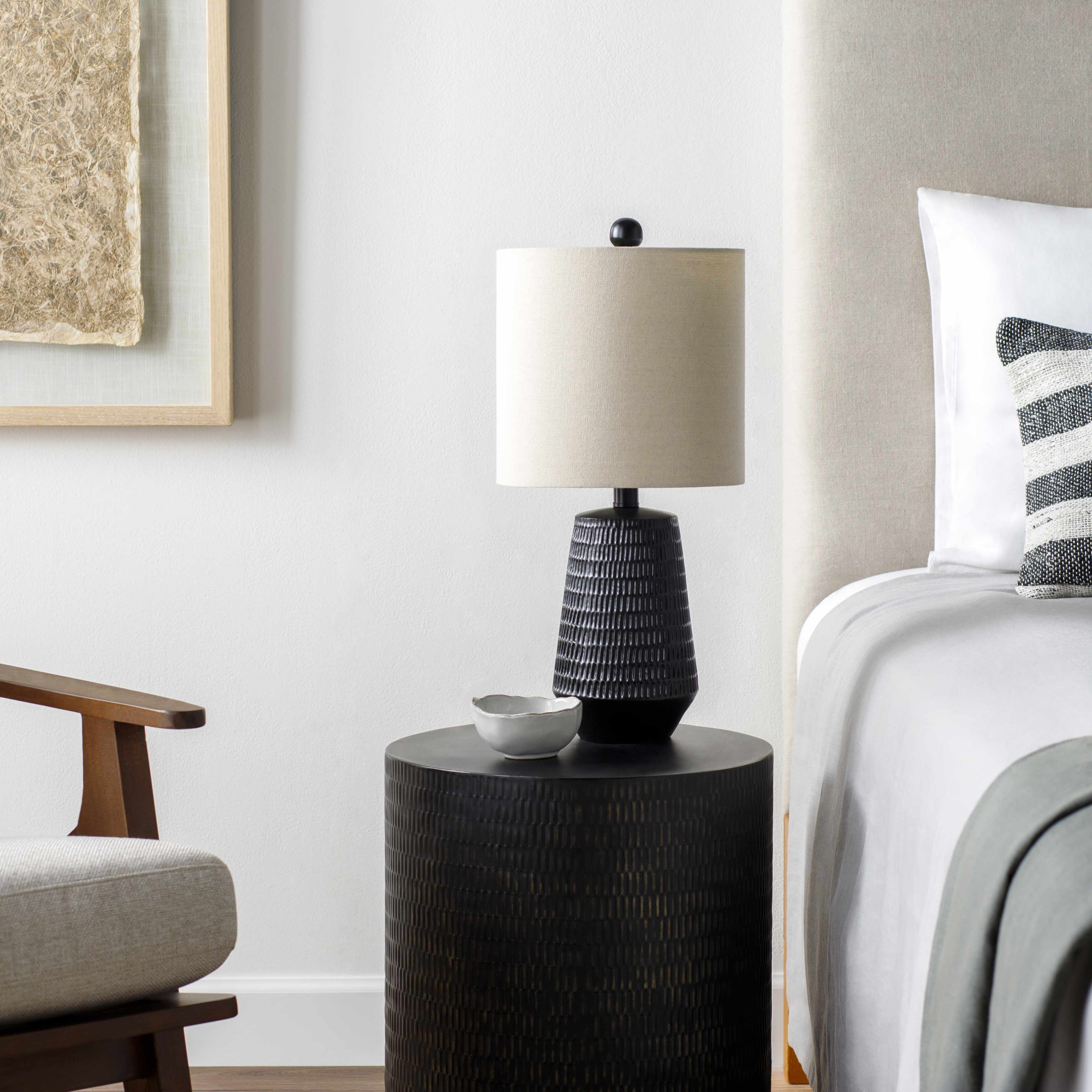 Berehomet black resin table lamp with white and beige linen shade for farmhouse and cottage home décor.