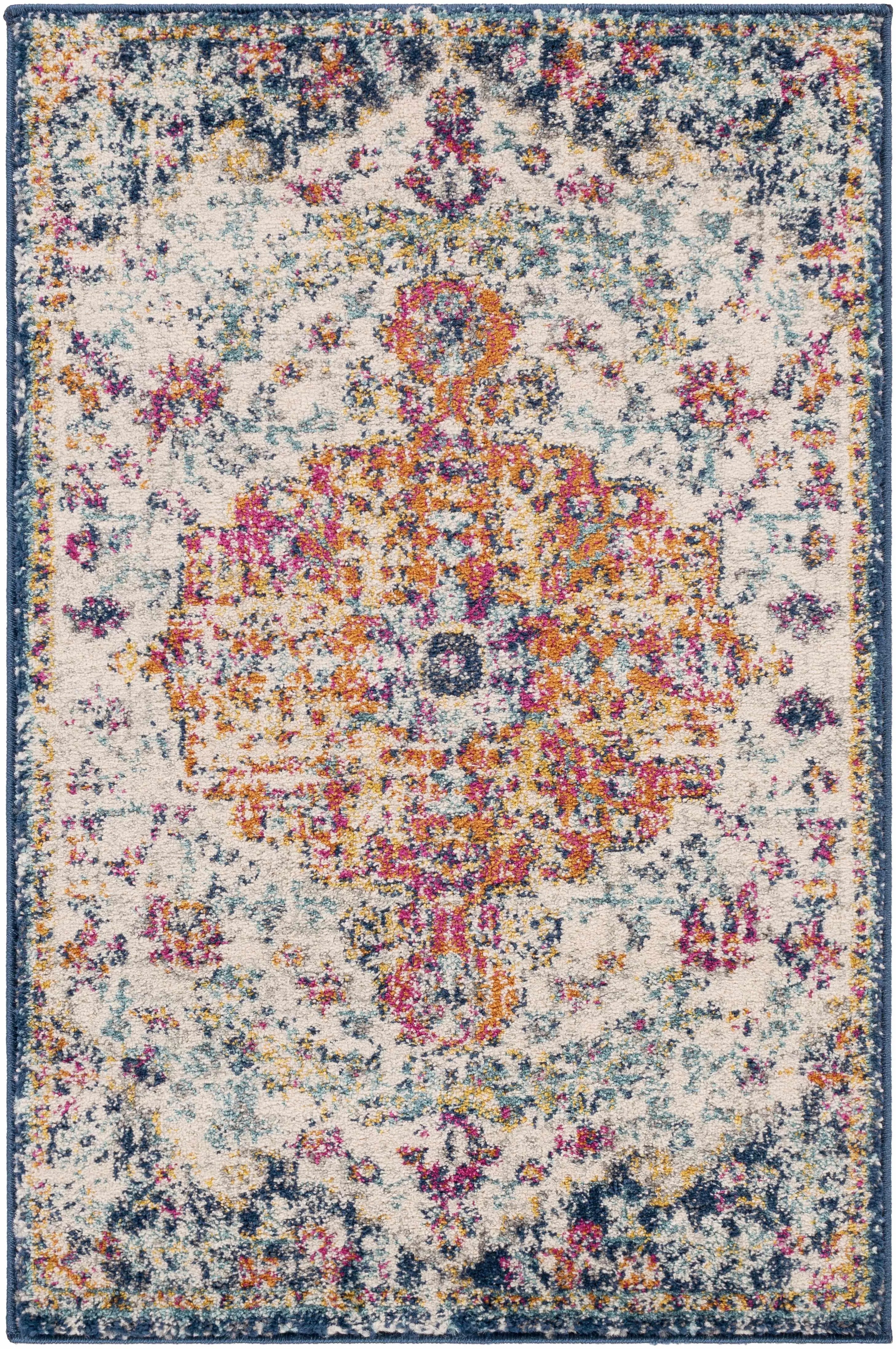 Vintage-inspired area rug with floral medallion, cozy farmhouse decor, soft pastel hues