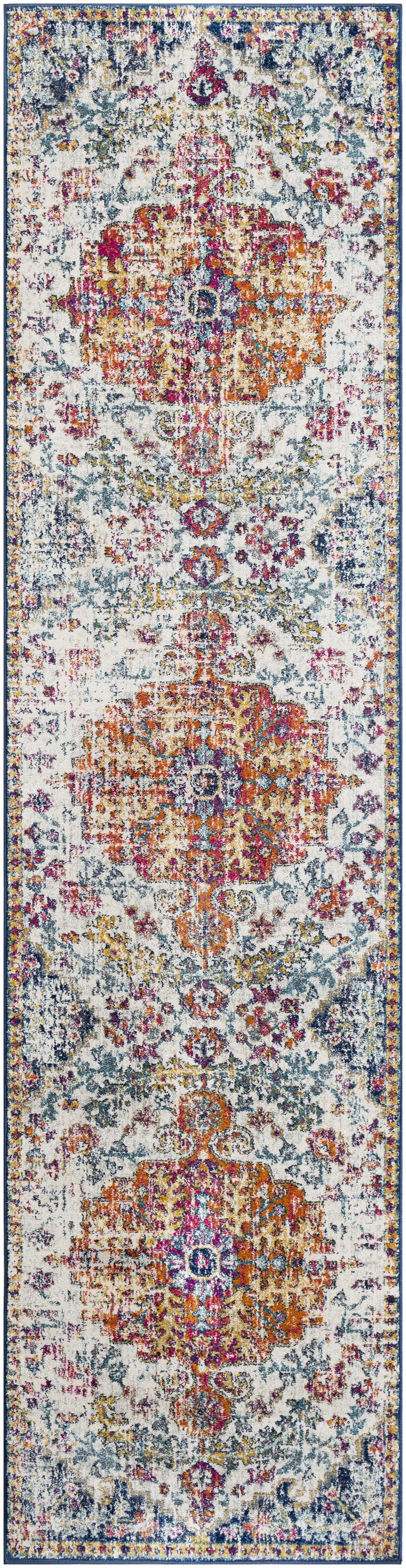 Boho vintage area rug with colorful floral medallions, perfect for farmhouse or cottage style decor