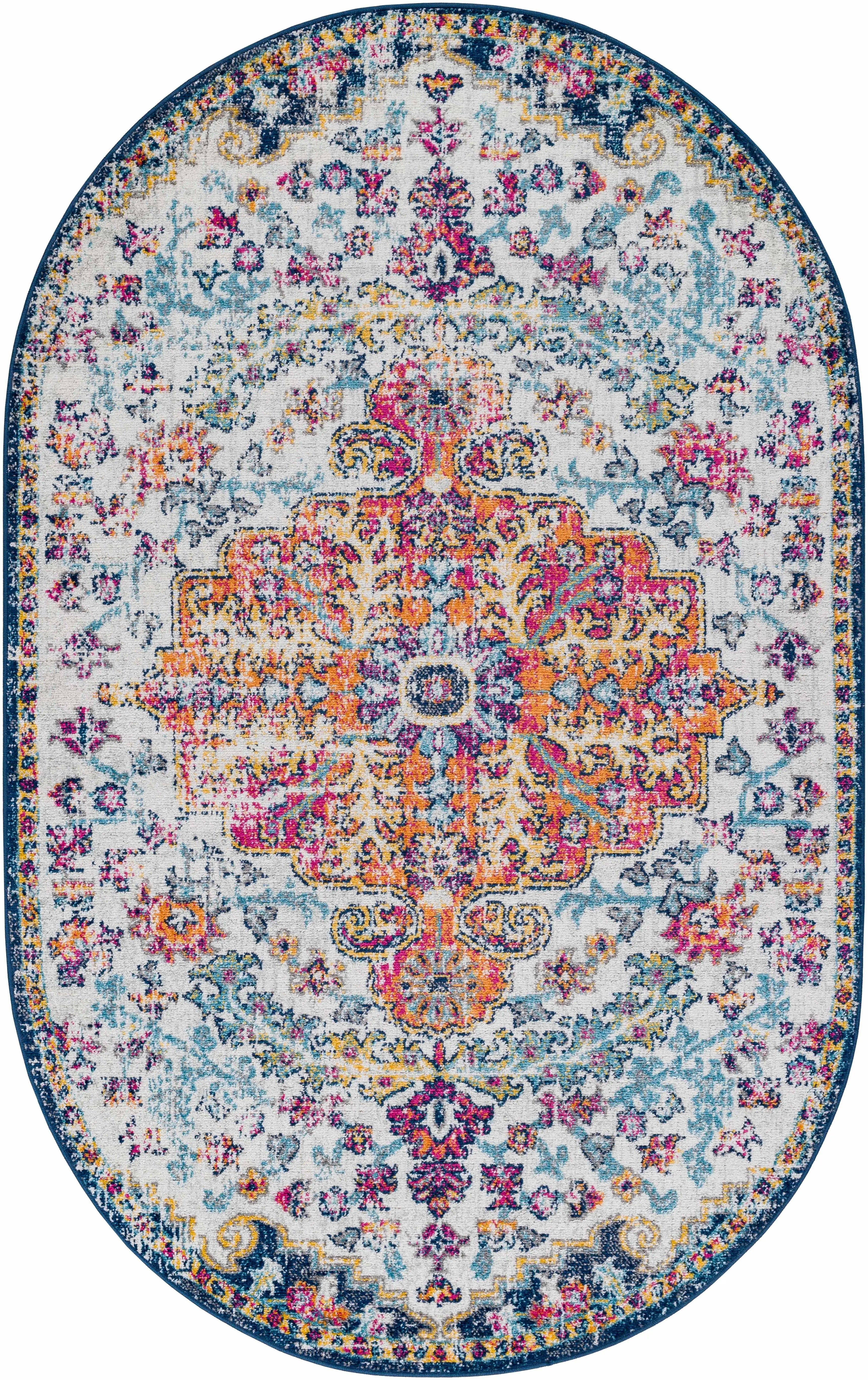 Oval vintage-style rug with floral patterns in blue, pink, and orange for cozy farmhouse decor