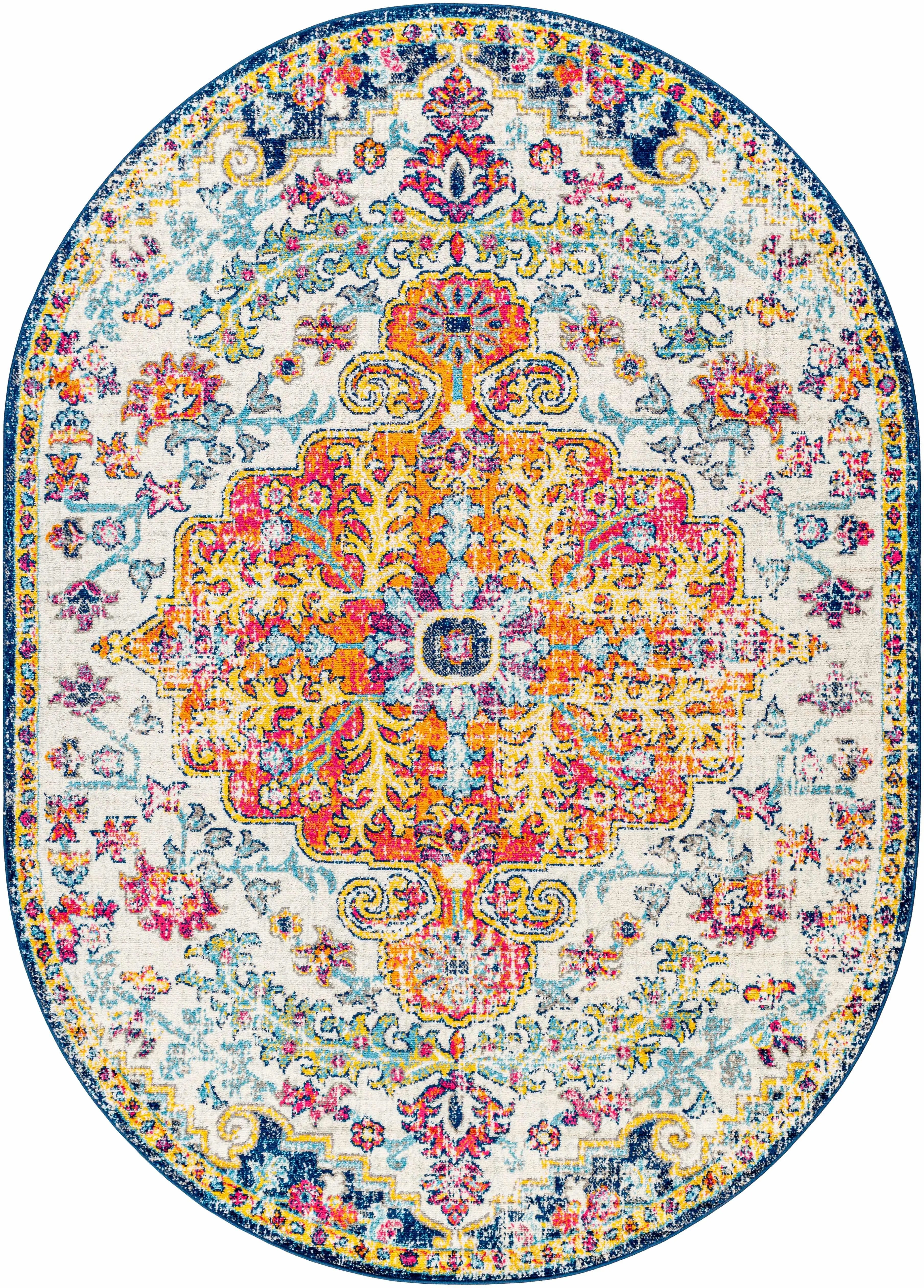 Vibrant floral oval rug with vintage boho design, perfect for cozy farmhouse decor