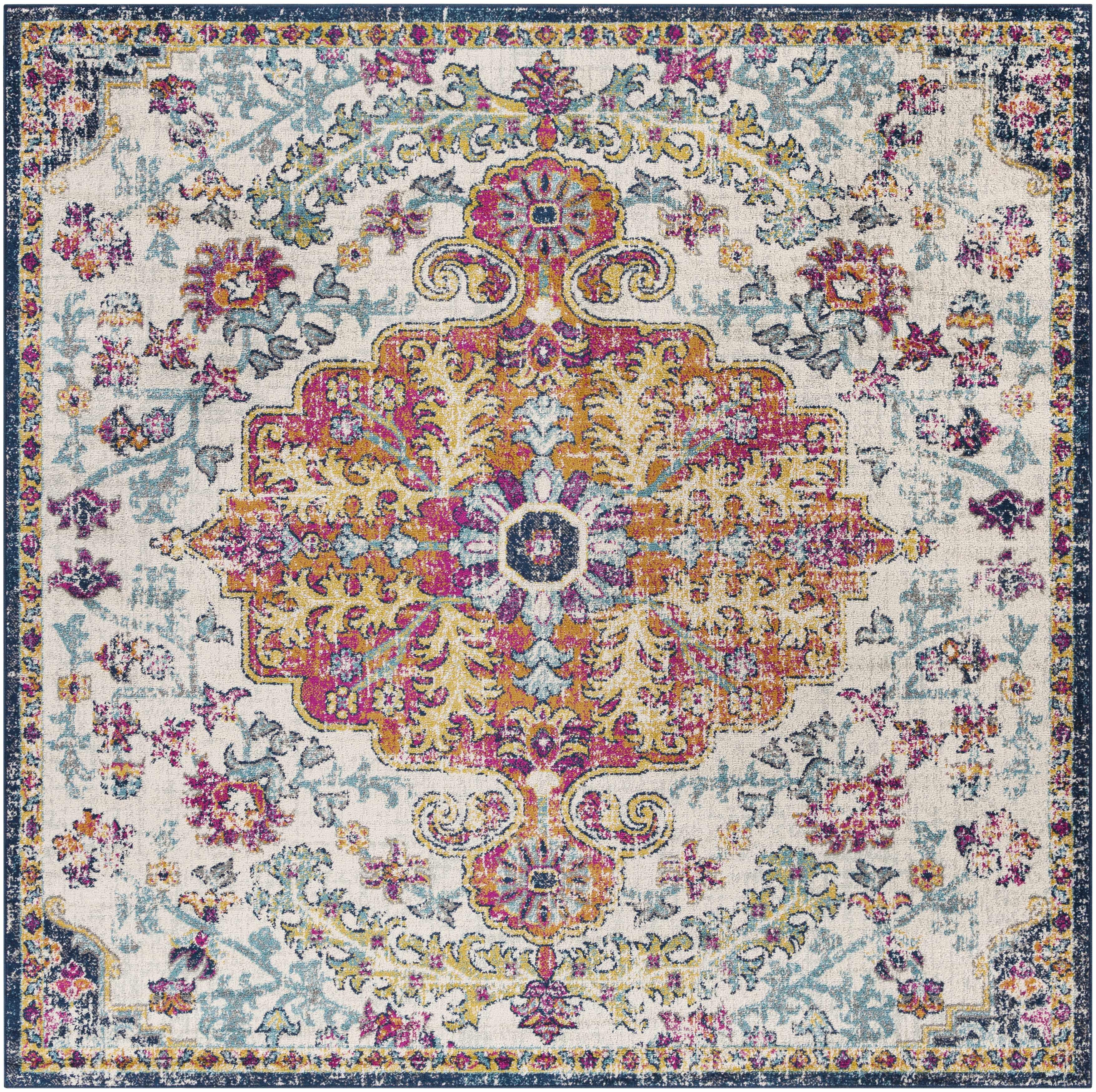 Vintage-style area rug with floral medallion, perfect for cozy farmhouse or cottage decor