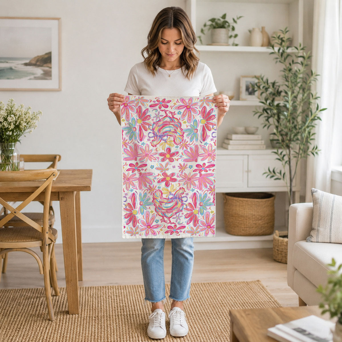 Woman holding a floral painting in a living room