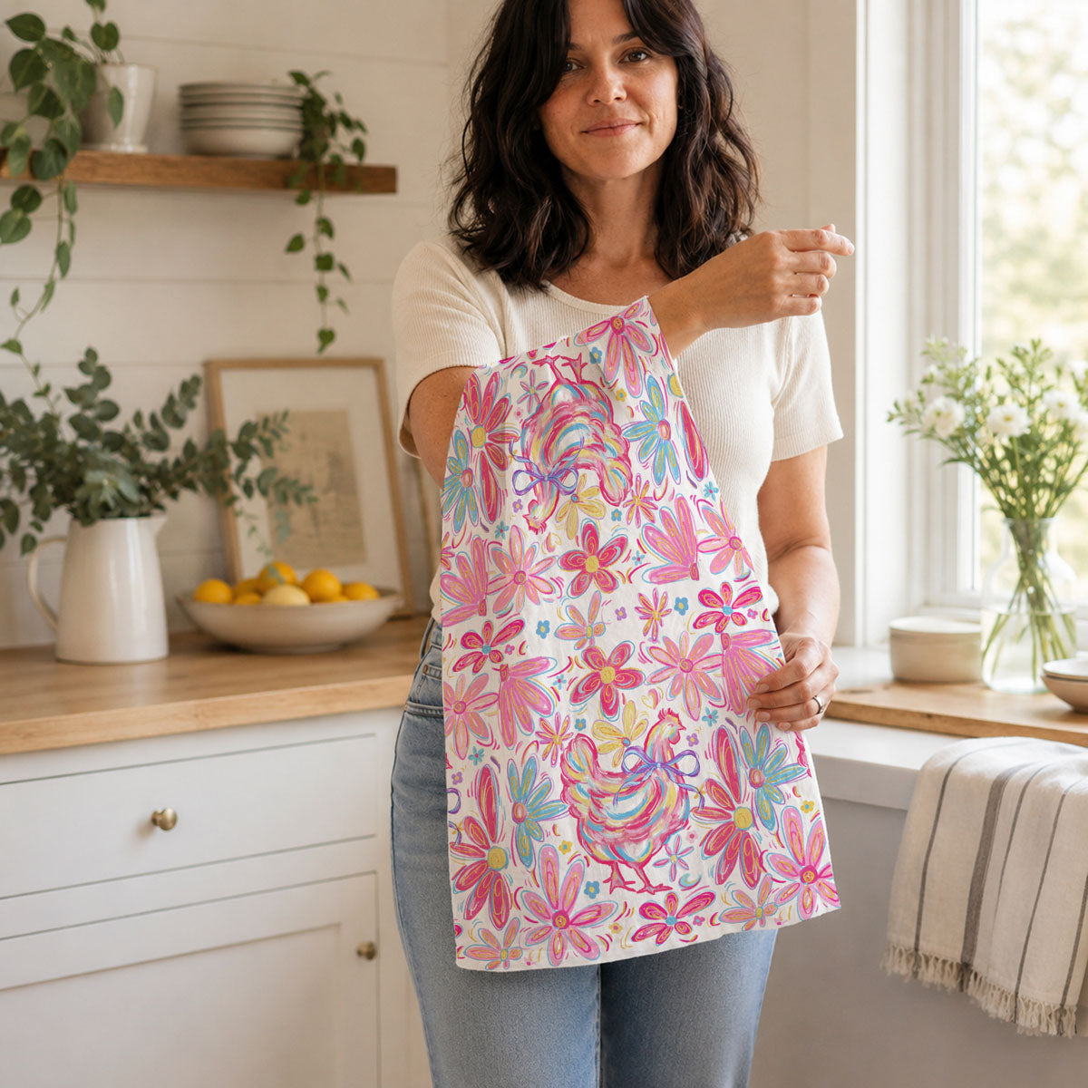 Woman wearing a colorful floral apron in a kitchen
