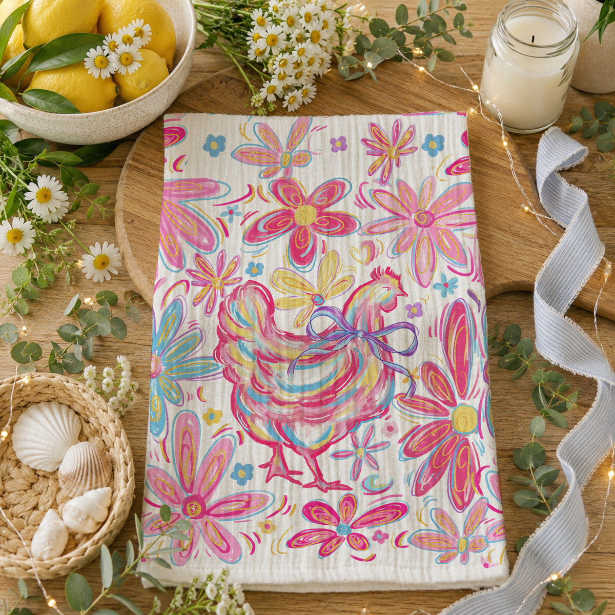 Colorful towel with rooster design on a wooden table with decorative elements.