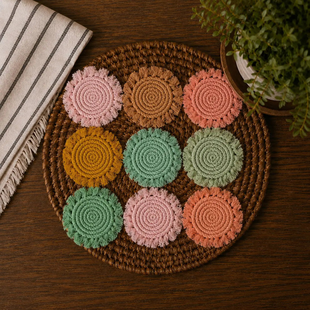 Pastel Braided Tassel Coasters Gia Roma