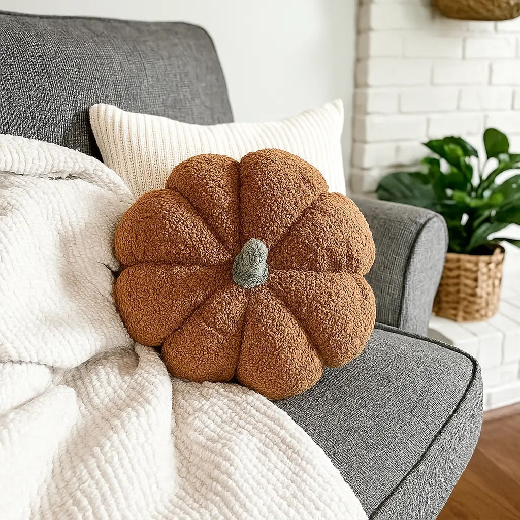 Brown pumpkin-shaped pillow on a gray couch with a white blanket