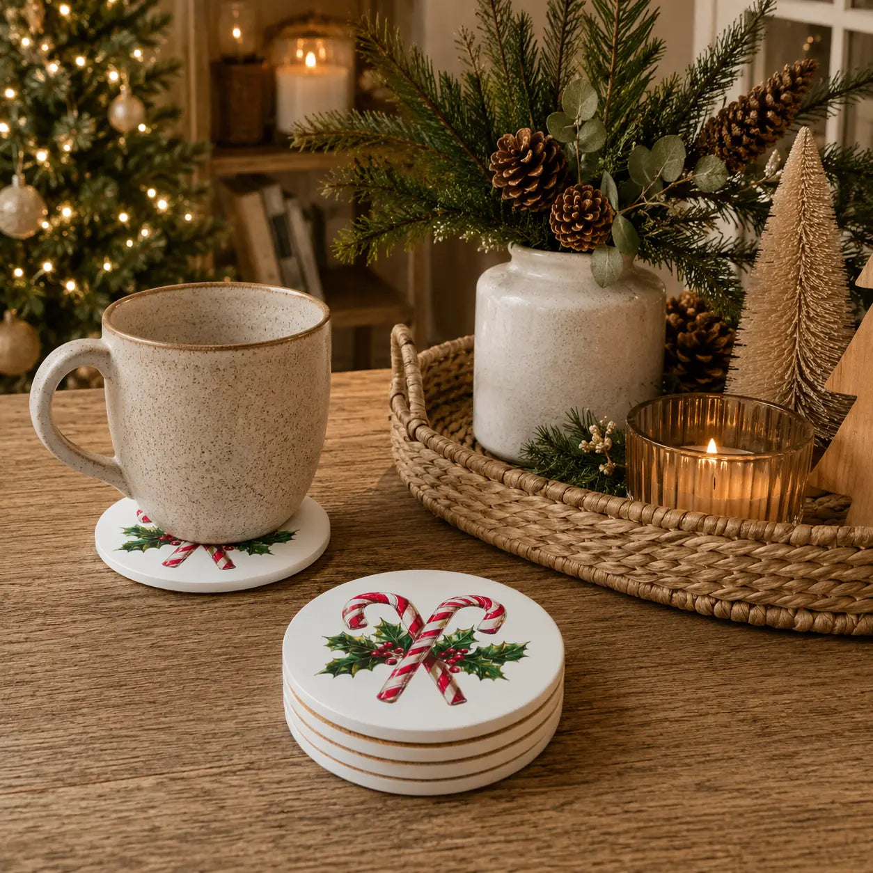A set of white ceramic coasters with a red and green candy cane and holly design, shown on a wooden table in a cozy holiday setting next to a speckled mug.