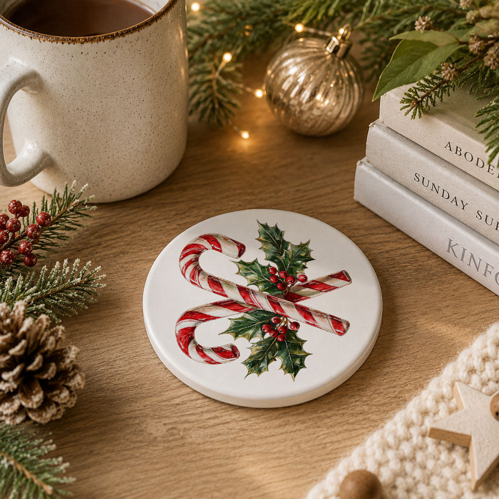Christmas-themed coaster with candy canes and holly on a wooden surface with festive decorations.