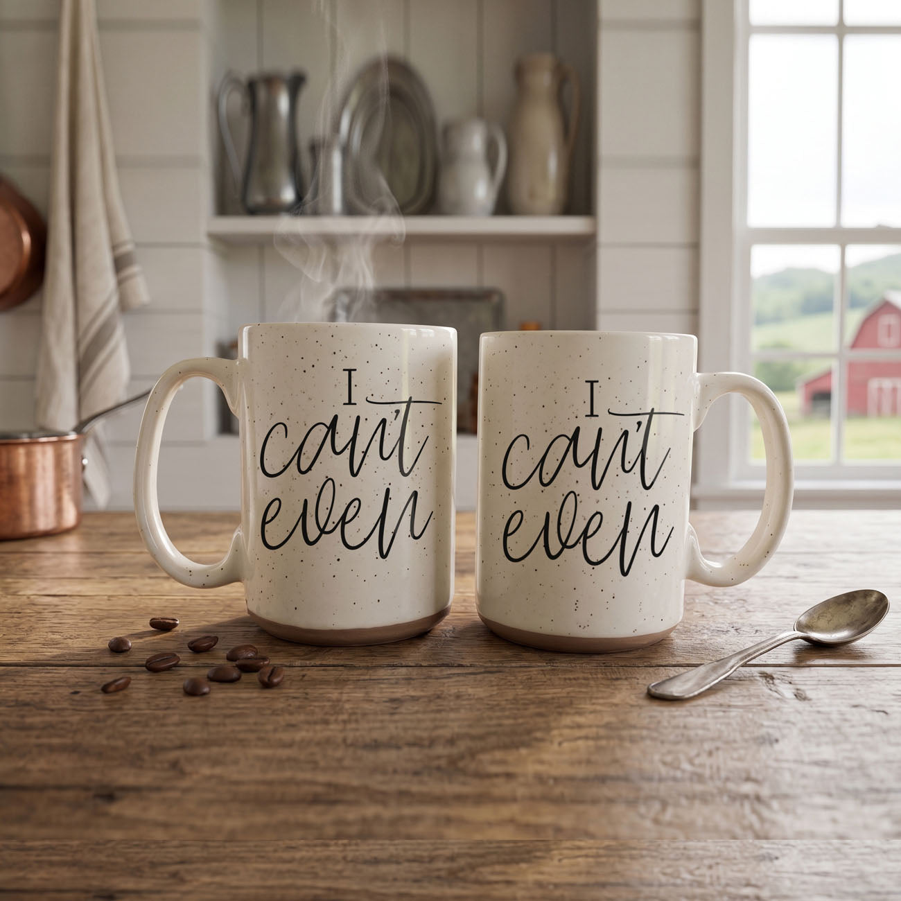 Two mugs with 'I can't even' text on a wooden table with coffee beans and a spoon, in a kitchen setting.