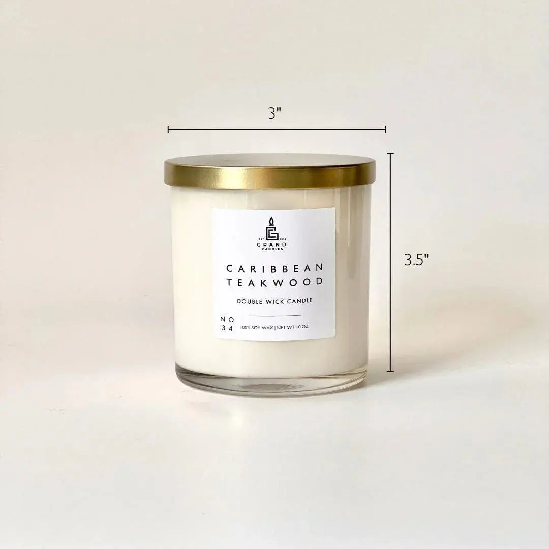 Caribbean Teakwood double wick soy candle in glass jar with gold lid, cozy home decor