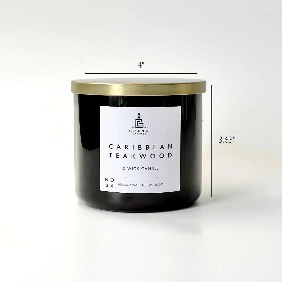 Caribbean Teakwood 3-wick soy candle in black jar with gold lid, cozy home decor
