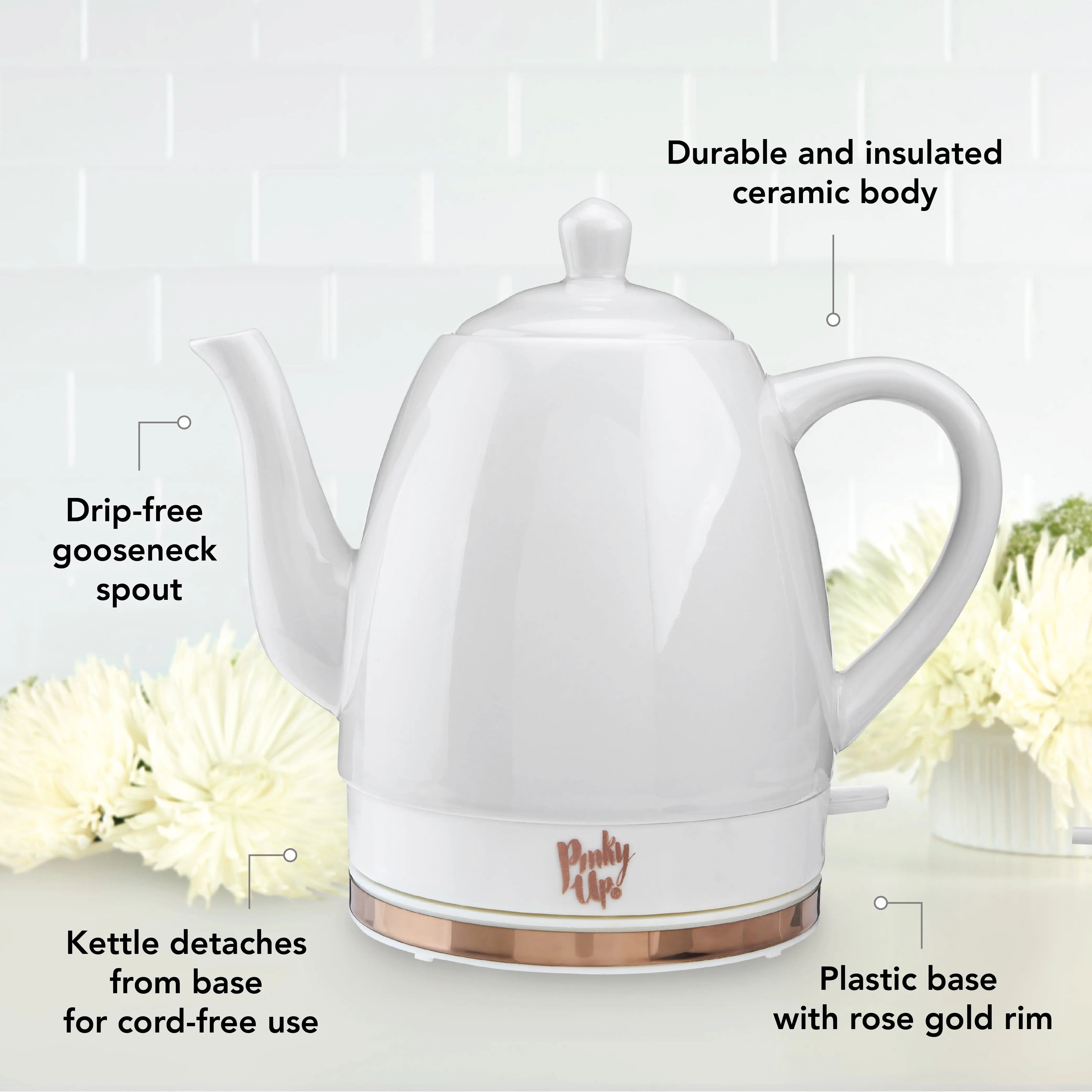 White electric kettle with rose gold accents on a white background