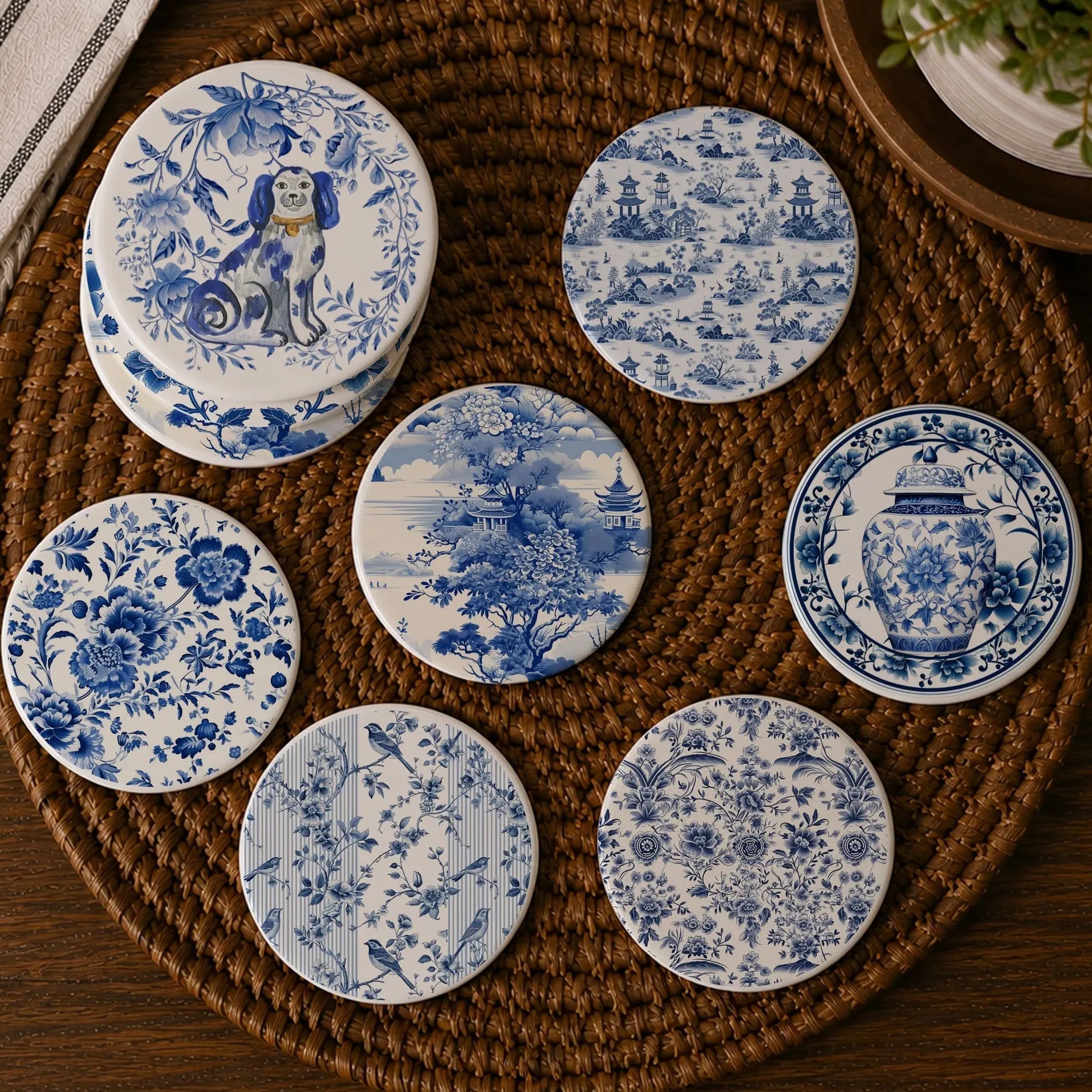 Set of blue and white patterned coasters on a woven mat with a plant and towel in the background.