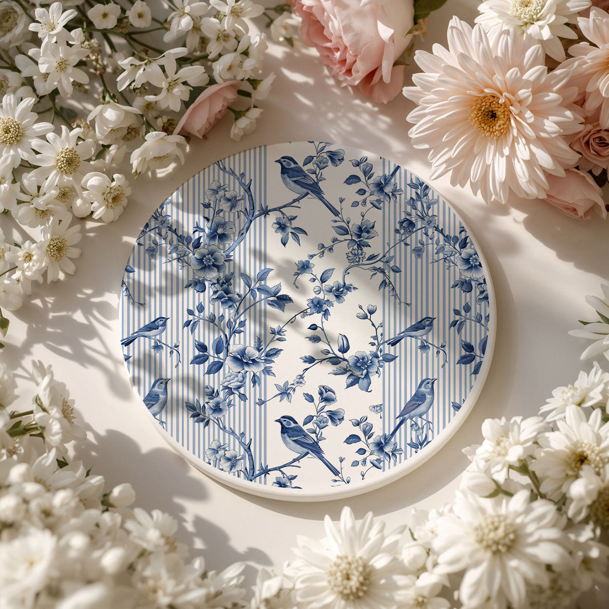 Decorative coaster with blue floral and bird pattern surrounded by white and pink flowers