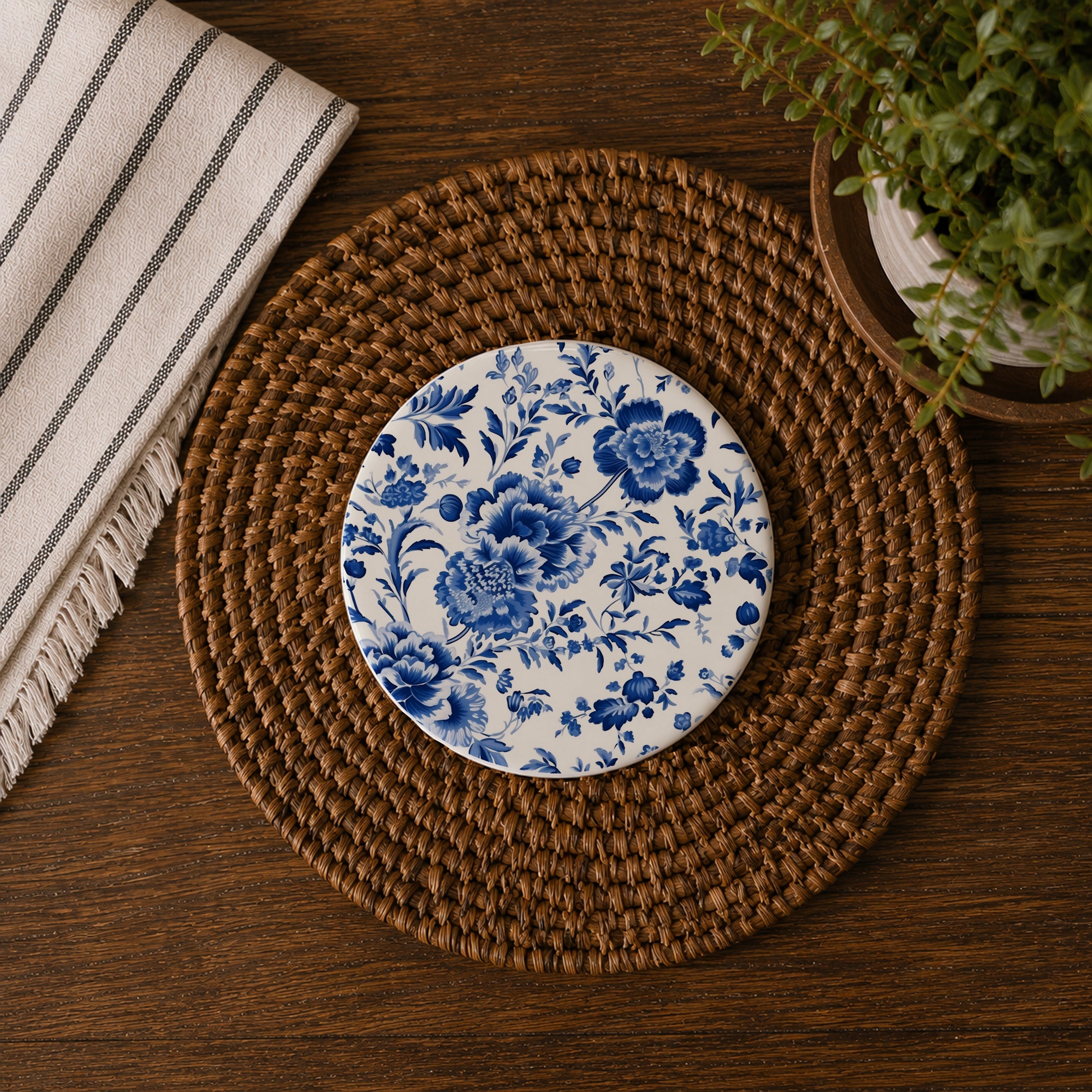 Blue floral coaster on a woven placemat with a striped towel and plant in the background