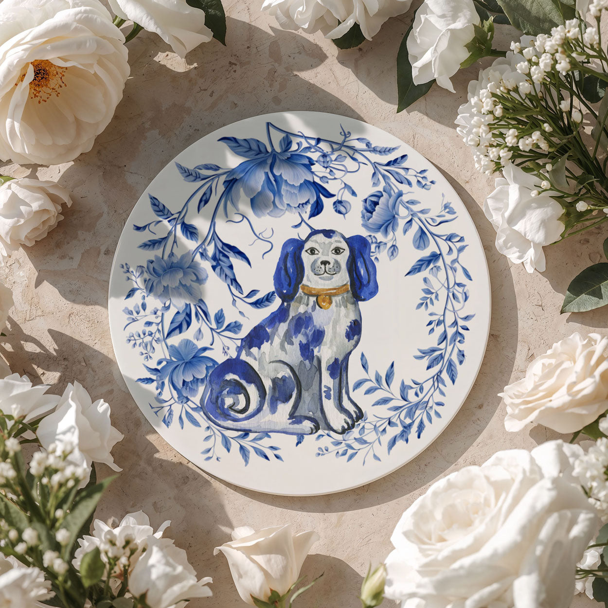 Decorative coaster with a blue dog illustration surrounded by white flower