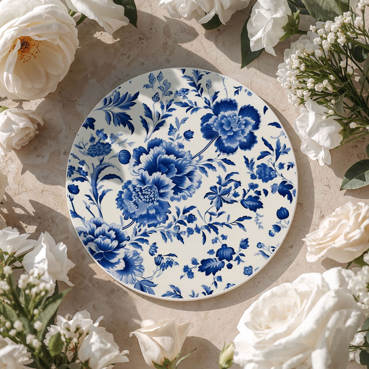 Blue floral patterned coaster surrounded by white flowers on a beige surface