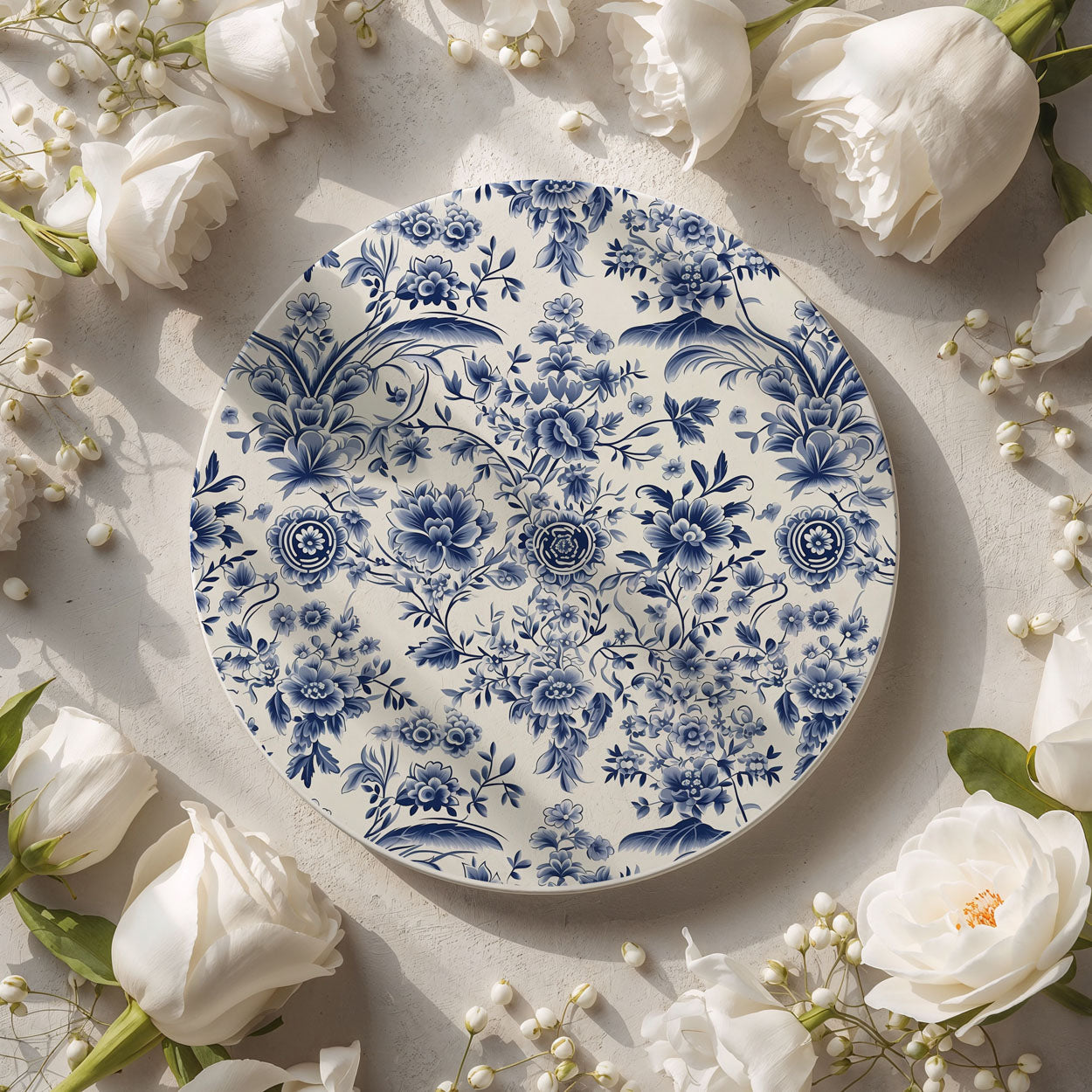 Blue floral patterned coaster surrounded by white flowers on a light background
