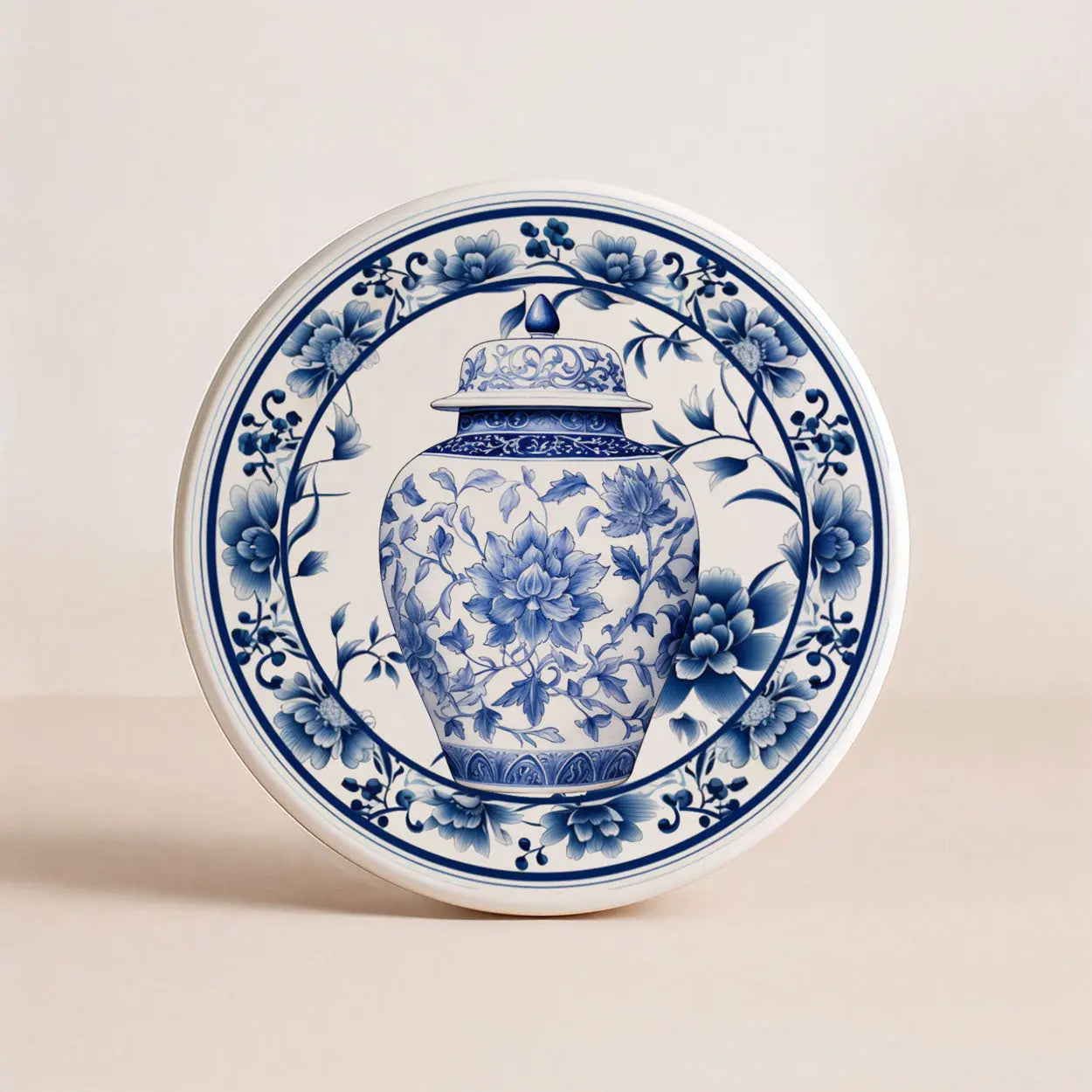 Ceramic coaster with blue floral and vase design on a beige background
