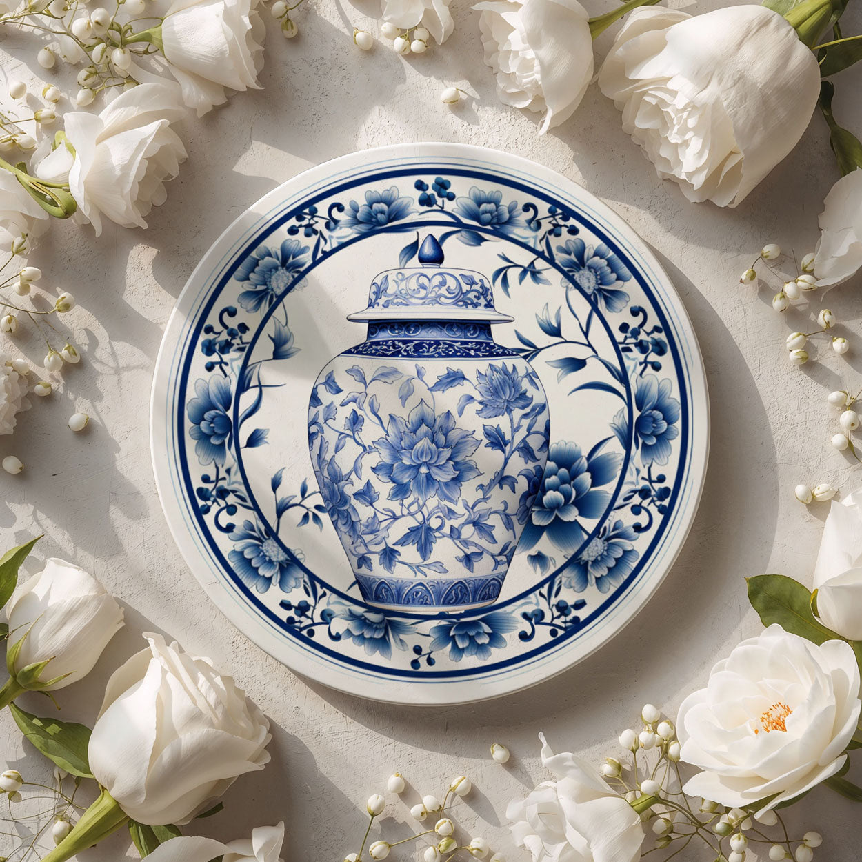 Decorative coaster with blue floral design surrounded by white flowers