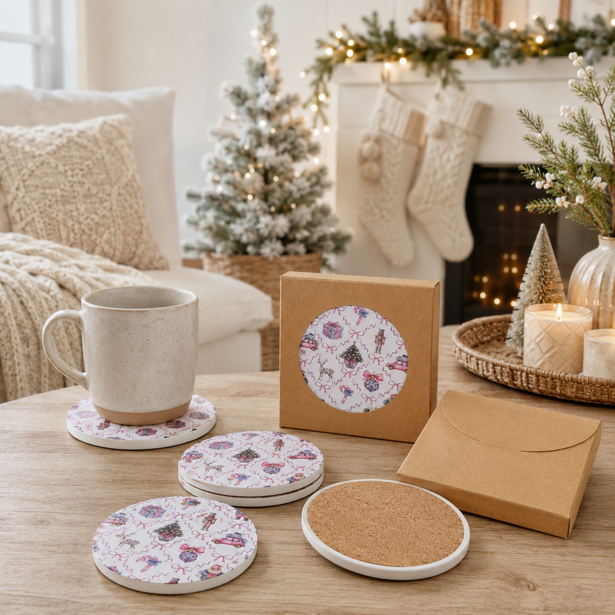 A set of ceramic coasters with a colorful vintage-style pattern, shown on a wooden table in a cozy, warmly lit living room setting next to a mug and gift packaging.