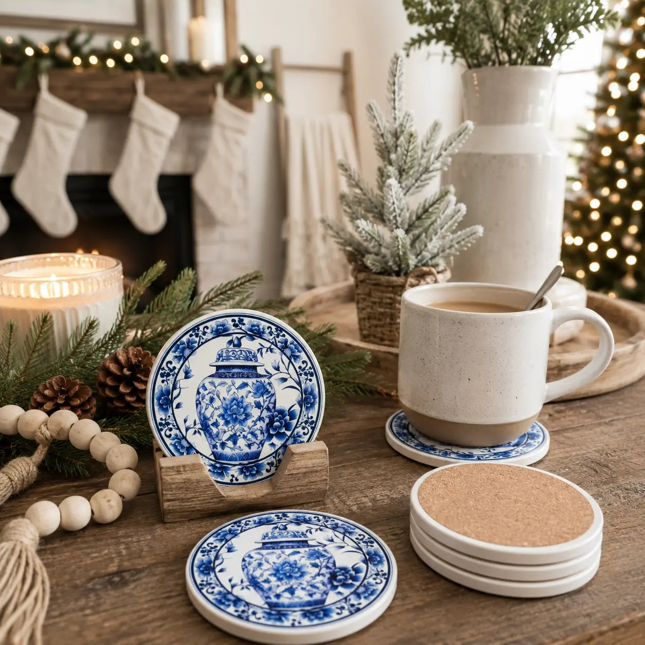 Blue and white porcelain coasters and matching cups arranged on a rustic wooden table in a cozy holiday setting with a mug of coffee, fireplace stockings, and a lit candle.