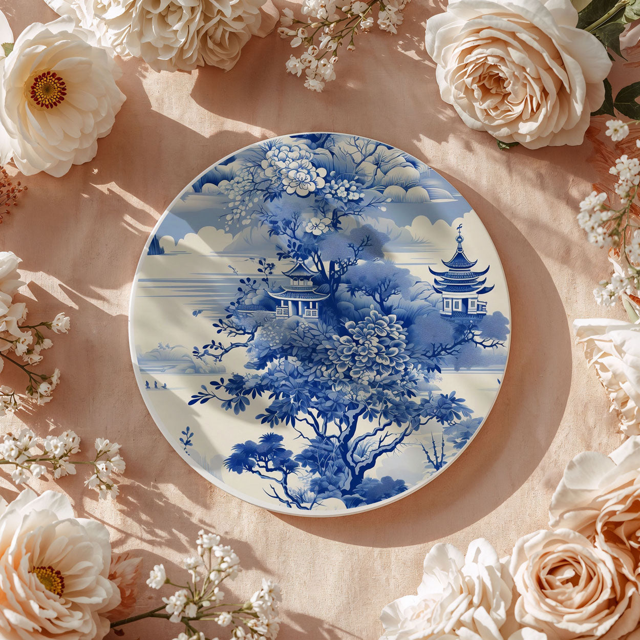 Decorative coaster with blue floral and architectural design, surrounded by flowers on a soft pink background