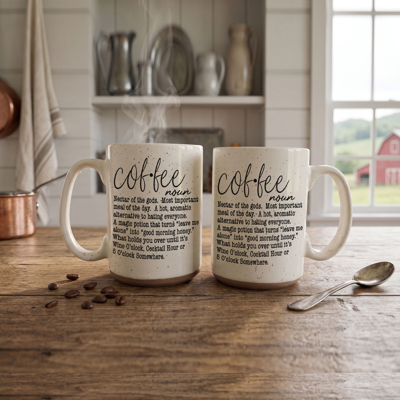 Two mugs with 'coffee' definition text on a wooden table with coffee beans and a spoon.